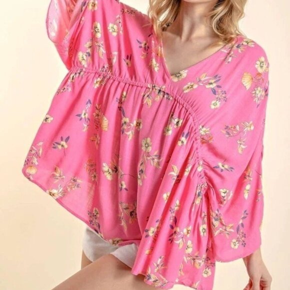 143 Story By Line Up Pink Floral 3/4 Sleeve Top Blouse - Picture 9 of 13